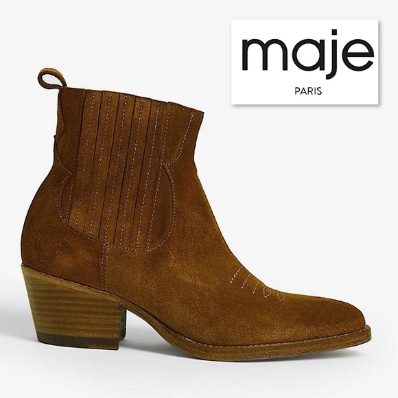 MAJE Farwest Suede Cowboy Boots Size 41 10.5 Tan Camel 70s Western Ankle Booties - Picture 3 of 16